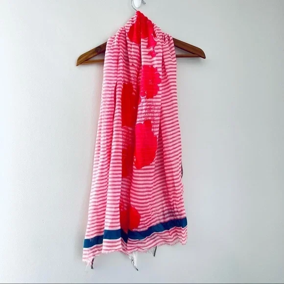 🎯3/$10 LOFT Coral White Grain Stripe Floral Lightweight Scarf Blue Border - Picture 3 of 6